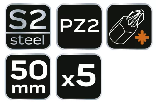 NEO TOOLS Torziós ütvecsavarozó bitek S2, 50mm, PZ2, 5db 09-579
