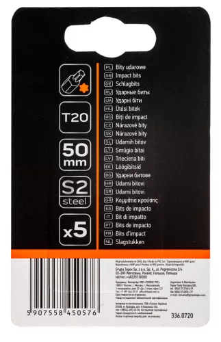 NEO TOOLS Torziós ütvecsavarozó bitek S2, 50mm, T20, 5db 09-584