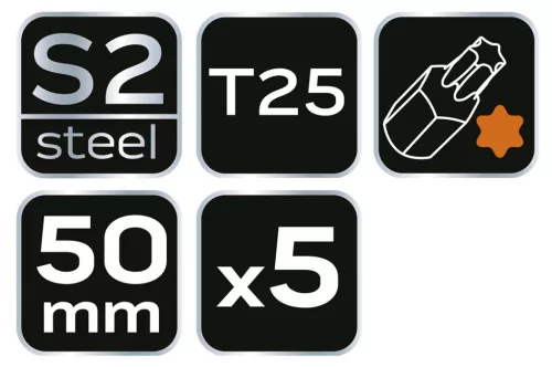 NEO TOOLS Torziós ütvecsavarozó bitek S2, 50mm, T25, 5db 09-585