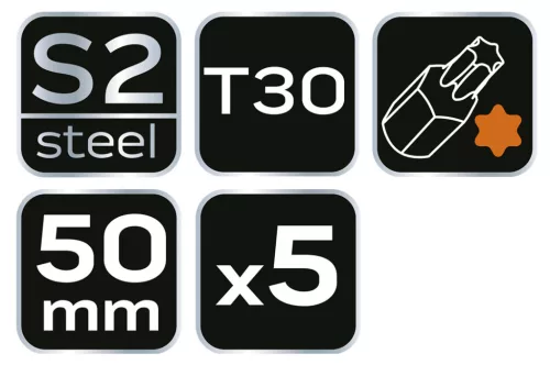 NEO TOOLS Torziós ütvecsavarozó bitek S2, 50mm, T30, 5db 09-587