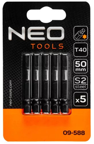 NEO TOOLS Torziós ütvecsavarozó bitek S2, 50mm, T40, 5db 09-588