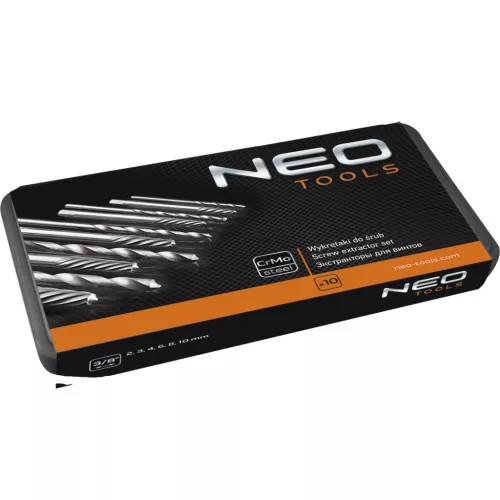 NEO TOOLS Törtcsavar-kihajtó készlet, négyszög vég, vezetőfúrókkal, 10db, 2-14mm (M3-M18) 25 év garanciával 09-609