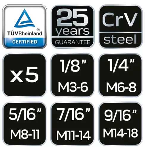NEO TOOLS Törtcsavar-kihajtó készlet, 5db, négyszög vég, 2-14mm (M3-M18) 25 év garanciával 09-615