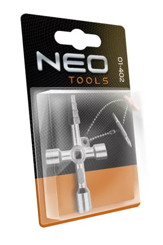 NEO TOOLS Univerzális épületgépészeti kulcs, fűtés, szaniter, klíma, szellőzés, elektro, gáz, víz 25 év garanciával 01-402