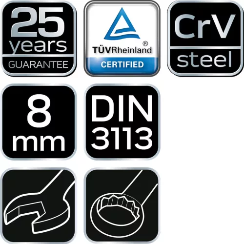 NEO TOOLS Csillag-villáskulcs 8x120mm, CrV, DIN3113 25 év garanciával 09-708