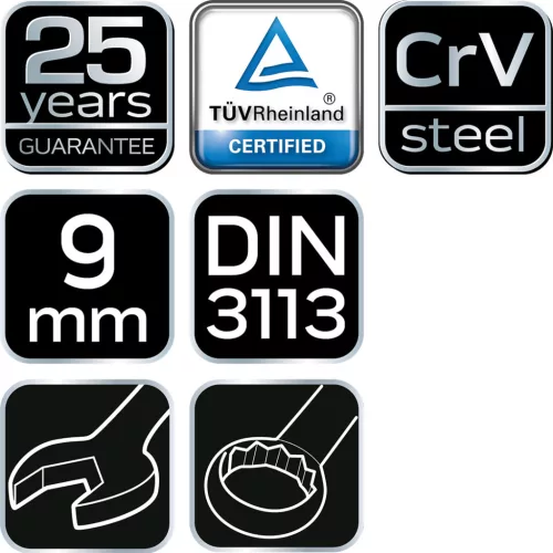 NEO TOOLS Csillag-villáskulcs 9x130mm, CrV, DIN3113 25 év garanciával 09-709