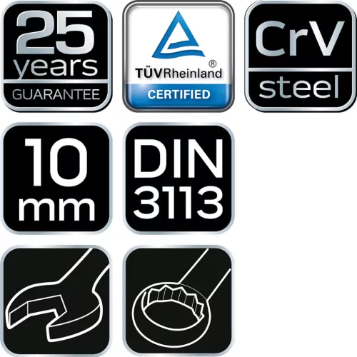 NEO TOOLS Csillag-villáskulcs 10x140mm, CrV, DIN3113 25 év garanciával 09-710