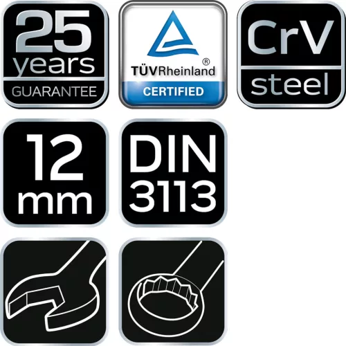 NEO TOOLS Csillag-villáskulcs 12x160mm, CrV, DIN3113 25 év garanciával 09-712
