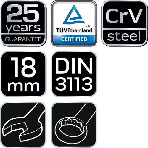 NEO TOOLS Csillag-villáskulcs 18x220mm, CrV, DIN3113 25 év garanciával 09-718