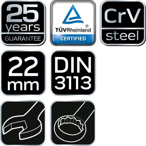 NEO TOOLS Csillag-villáskulcs 22x260mm, CrV, DIN3113 25 év garanciával 09-722