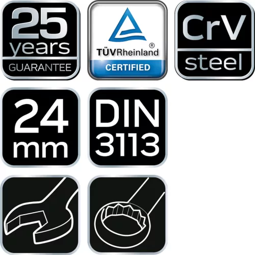 NEO TOOLS Csillag-villáskulcs 24x280mm, CrV, DIN3113 25 év garanciával 09-724