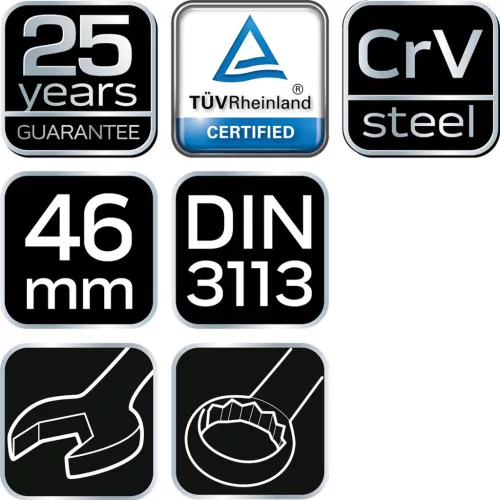 NEO TOOLS Csillag-villáskulcs 46x500mm CrV, DIN 3113 25 év garanciával 09-746