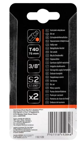 NEO TOOLS Torx bit, 3/8", T40x75mm, S2, 2db 10-942