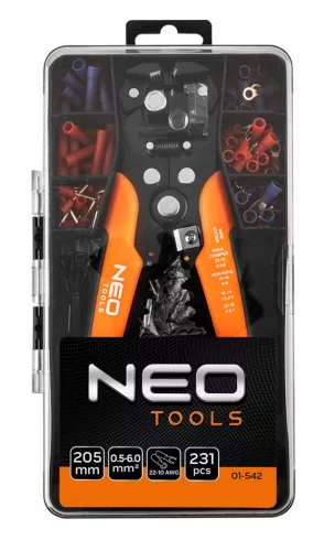 NEO TOOLS Kábelcsupaszító fogó, automata 200mm + csatlakozók 230db 01-542