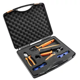   NEO TOOLS Napelem szerelő szerszámkészlet, 5db, kábelcsupaszító, kábelvágó, krimpelő fogó, csatlakozó fogók, kofferben 01-559