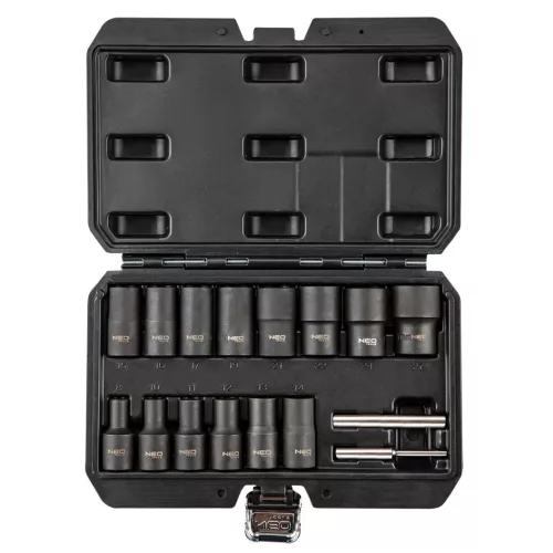 NEO TOOLS Dugókulcskészlet, sérült fejű csavarokhoz 16db 1/2”, 8, 10, 11, 12, 13, 14, 15, 16, 17, 19, 21, 22, 24, 27mm 11-920