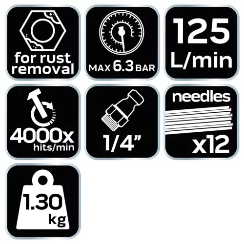 NEO TOOLS Pneumatikus tűs leverőgép rozsdához és hegesztési varratokhoz, 12x3mm 2 év garanciával 14-031