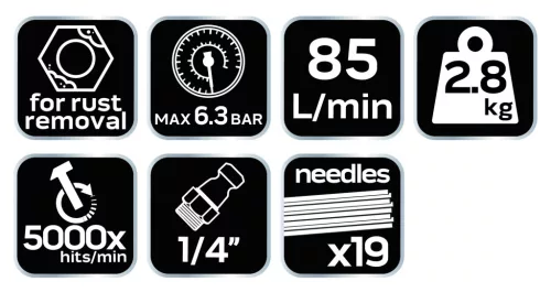 NEO TOOLS Pneumatikus tűs leverőgép rozsdához és hegesztési varratokhoz, 19x3mm 2 év garanciával 14-032
