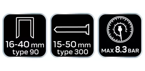 NEO TOOLS Pneumatikus tűző- és szegbelövőgép, "90" tip. kapcsok 10-40mm, szegek 10-50mm, kiegészítőkkel 2 év garanciával 14-570