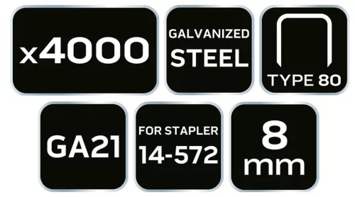 NEO TOOLS Tűzőkapocs, horganyzott 80-as tipus, pneumatikus tűzőgéphez (14-572), GA21, 8mm, 4000db 14-611