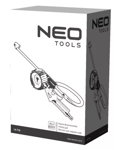 NEO TOOLS Pneumatikus kerékfúvó pisztoly, nyomásmérővel 80mm, dupla teherautó kerekekhez 14-716