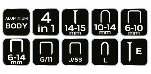 NEO TOOLS Tűzőgép, 4az1-ben, J, G, L, E kapcsokhoz, 6-14mm, alumínium 16-030