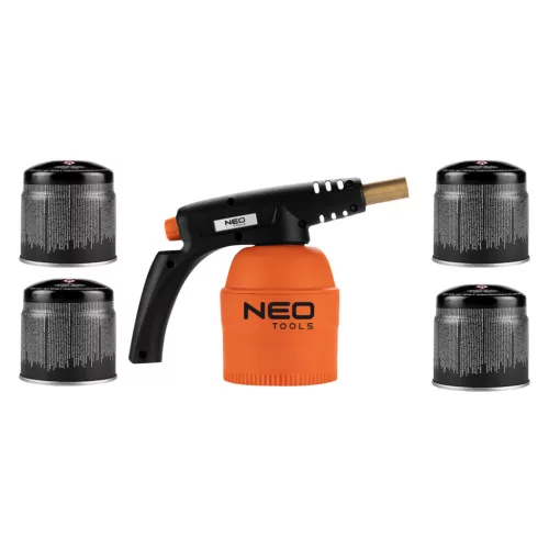 NEO TOOLS Gázforrasztó, perzselő, gázégő 4db tartállyal, 190g, szelepes tartállyal 20-045