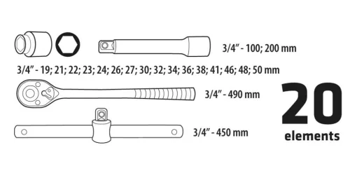 TOPEX Dugókulcskészlet 20db, 3/4" 38D296