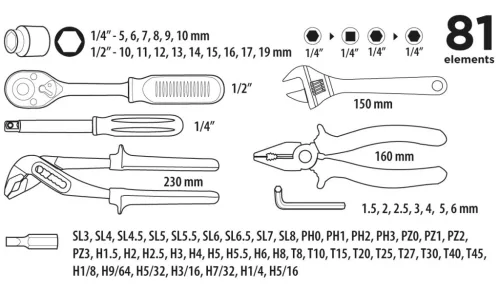 Top Tools Szerszámkészlet 1/4", 1/2" 81db 38D510