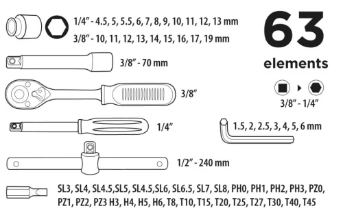 Top Tools Dugókulcskészlet + bitkészlet 3/8", 63db 38D515