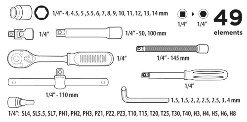 Top Tools Dugókulcskészlet + bitkészlet 1/4", 49db 38D570