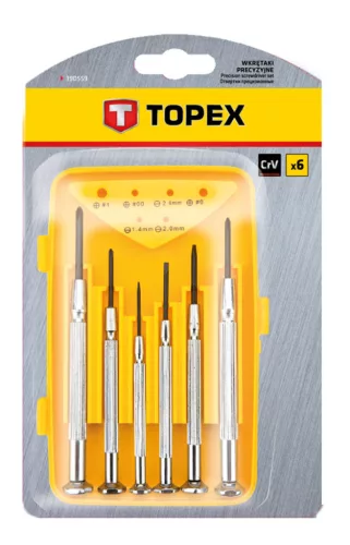 TOPEX Műszerész, Precíziós Csavarhúzó készlet, CRV, 6db, lapos: 1,4, 2,0, 2,4mm, kereszt: PH00, PH0, PH2 39D559