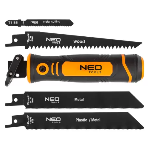 NEO TOOLS Kézifűrész szett univerzális befogóval, 4 db lappal, dekopír és orrfűrész lapokhoz. 44-650