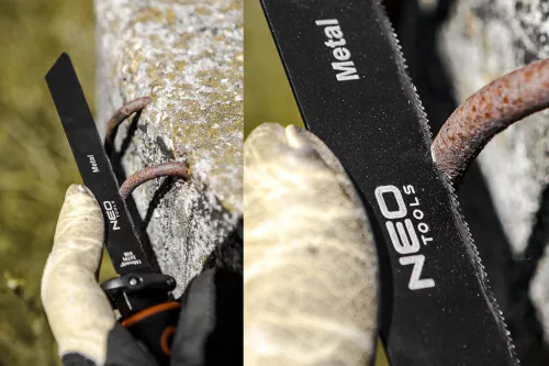 NEO TOOLS Kézifűrész szett univerzális befogóval, 4 db lappal, dekopír és orrfűrész lapokhoz. 44-650