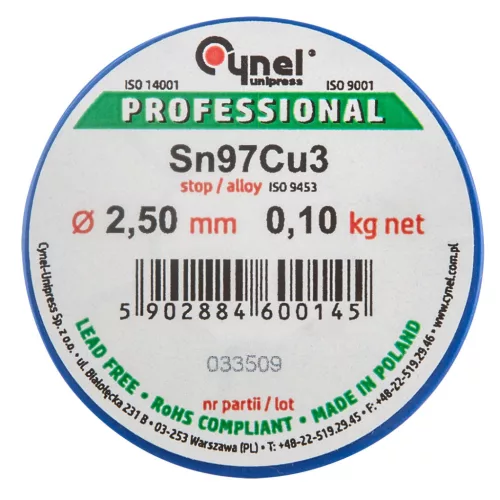 CYNEL Forrasztóón, 97% Sn, 3%Cu: 2,5mm drót, 100g, rézforrasztáshoz 44E742