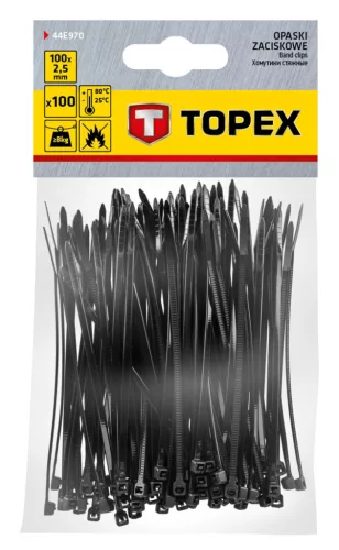 TOPEX KÁBELKÖTEGELŐ, gyorskötöző, 2,5mm x 100mm, fekete, 100db 44E970