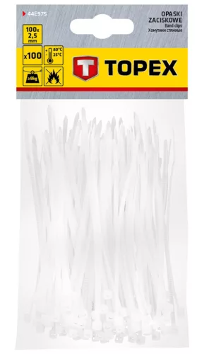 TOPEX KÁBELKÖTEGELŐ, gyorskötöző, 2,5mm x 100mm, fehér, 100db 44E975