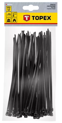 TOPEX KÁBELKÖTEGELŐ, gyorskötöző, 4,8mm x 200mm, fekete, 75db 44E978
