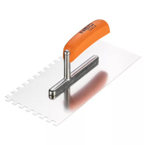 NEO TOOLS Acél simító, fogazott, rozsdamentes, 270x128mm, 8x8x8mm, fa markolat 50-163