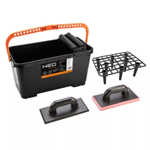 NEO TOOLS Burkolókészlet, csempéző: 24L vödör ráccsal, görgővel, gumi és puha szivacsos simítóval 50-254