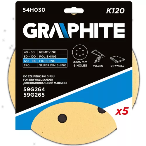 GRAPHITE Tépőzáras csiszolópapír 225mm, K120, 5db, 6 lyukakkal az 59G264, 59G265 csiszológéphez. 54H030