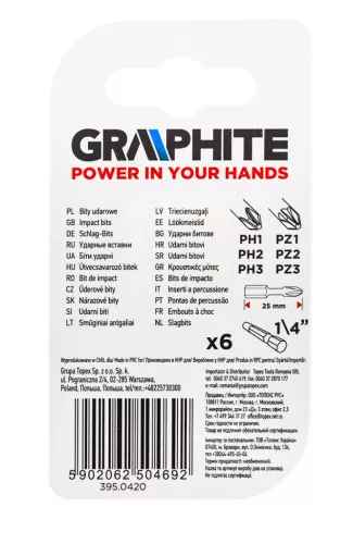 GRAPHITE Torziós ütvecsavarozó bit PH1/2/3, PZ1/2/3x25mm, 6db 56H540