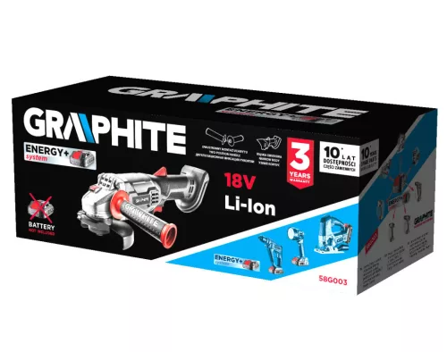 GRAPHITE Akkus sarokcsiszoló Energy+, 18V, 115x22.2mm, akku nélkül!!! 3 év garanciával 58G003