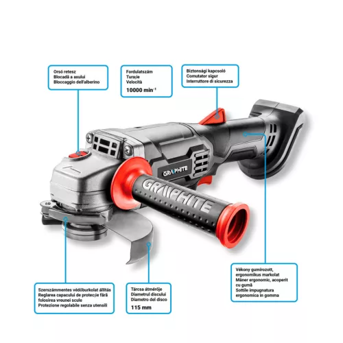 GRAPHITE Akkus sarokcsiszoló Energy+, 18V, 115x22.2mm, akku nélkül!!! 3 év garanciával 58G003