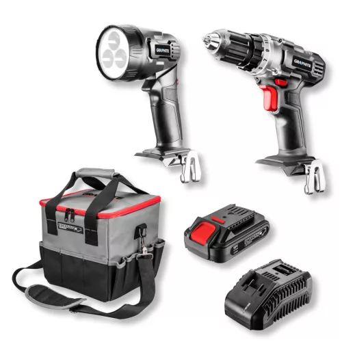 GRAPHITE Akkus gépkészlet Energy+, 18V/2Ah: akkus fúró + lámpa + táska + akku +töltő! 3 év garanciával 58G016