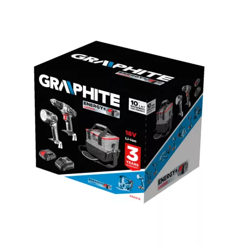 GRAPHITE Akkus gépkészlet Energy+, 18V/2Ah: akkus fúró + lámpa + táska + akku +töltő! 3 év garanciával 58G016