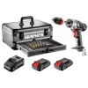 GRAPHITE Akkus fúró Energy+, 2db akku+töltő!, 18V/2Ah, 10mm + alu koffer + 109 kiegészítő, levehető fúrótokmány 3 év garanciával 58G022-PS15