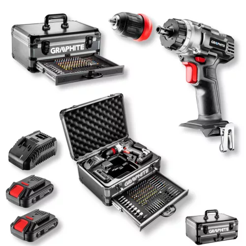 GRAPHITE Akkus fúró Energy+, 2db akku+töltő!, 18V/2Ah, 10mm + alu koffer + 109 kiegészítő, levehető fúrótokmány 3 év garanciával 58G022-PS15