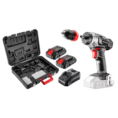 GRAPHITE Akkus fúró Energy+, 2db akku+töltő!, 18V/2Ah, levehető fúrótokmány 10mm, koffer 3 év garanciával 58G022-SET2