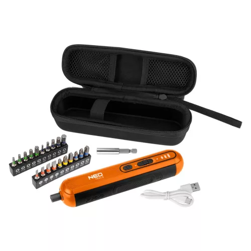 NEO TOOLS Akkus csavarhúzó készlet, 4V, Li-Ion akku, USB-C töltő, 20bit, tok 2 év garanciával 04-199
